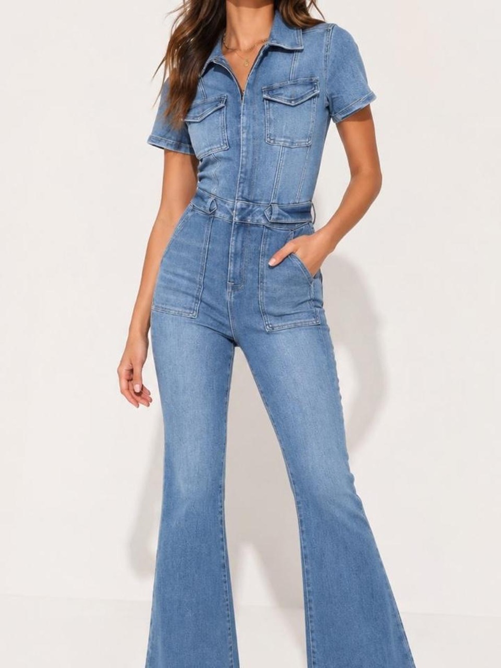 Good American Light Blue Denim Utility Jumpsuit Petite